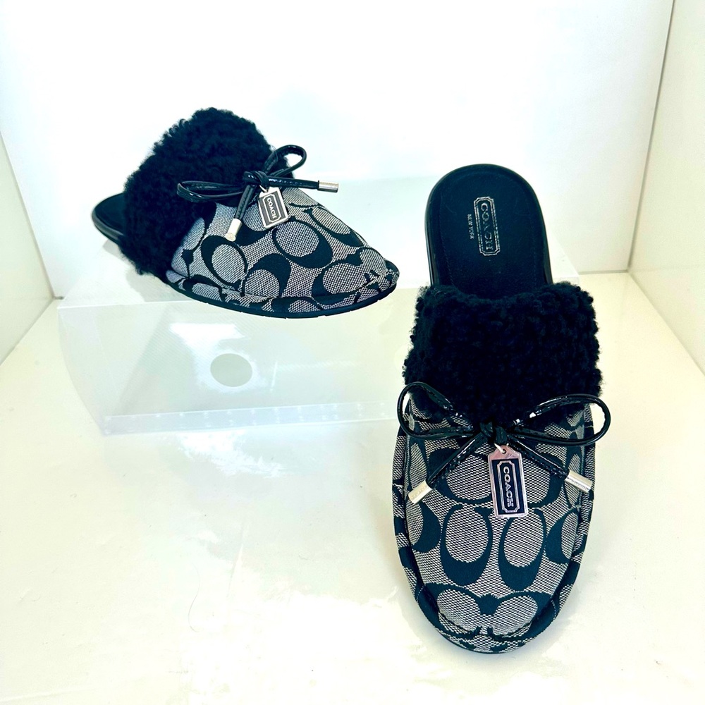 Coach “Darlene” Plush Monogram Black and Gray Slippers